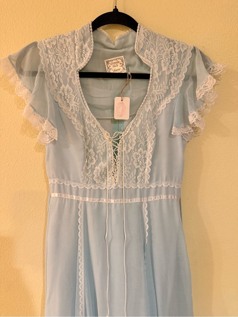 Gunne Sax Light Blue Maxi Dress with Lace Pearl Trim cottagecore prairi no size - Picture 3 of 11
